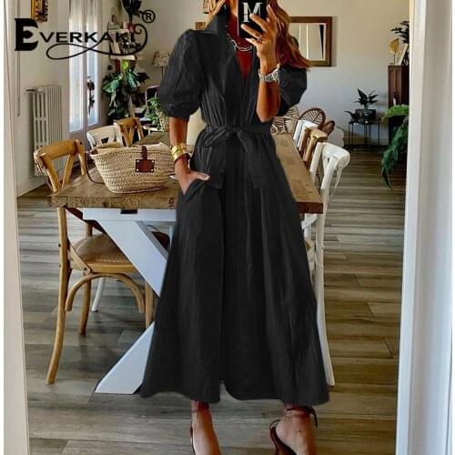 Everkaki Boho Long Dresses Women with Belt Pockets Summer Beach Pure Loose Elegant Maxi Dress Oversize Shirt Dress Female 2021
