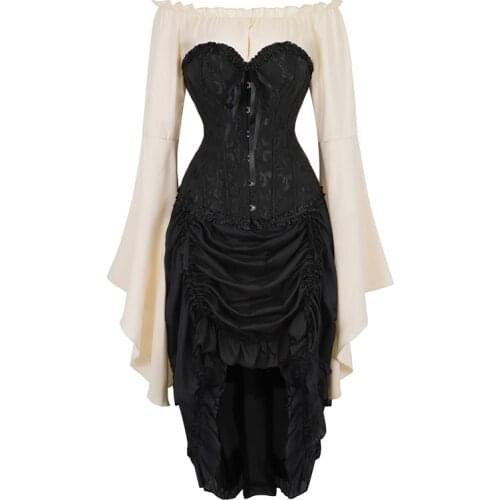Corset Dress Top Skirt 3 Piece Costume Cosplay Gothic Corsets Bustier Plus Size Burlesque Costume Vintage Basque Korsett