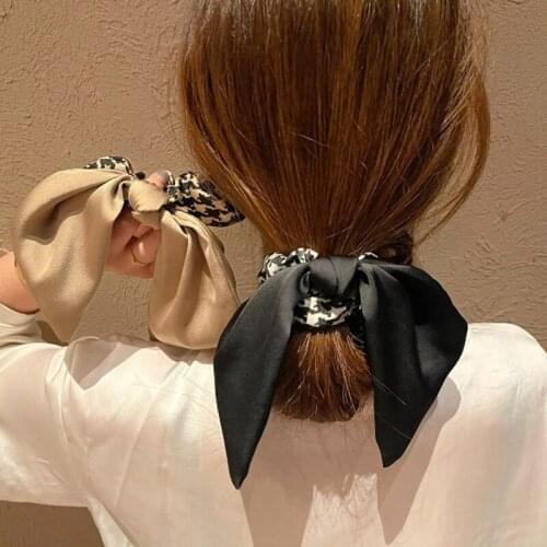 Korean Fashion Houndstooth Bow Large Intestine Hair Ring Hair Band For Woman Elegant Ribbon Headband Girl Tie Ponytail Hair Rope