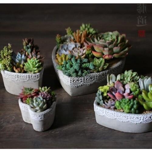 Silicone Concrete Flowerpot Mold Heart Shape with Lace Pattern Handmade Cement Planter Mould
