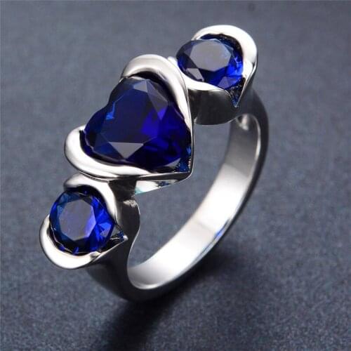 Vintage Female Blue Crystal Stone Ring Cute Silver Color Zircon Ring Luxzury Big Wedding Band Engagement Rings For Women Men