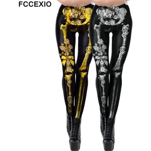 FCCEXIO Halloween Women Leggings Soft Elastic Workout Push Up Pants Skull Print Fitness Leggings 3D Trousers Punk Pants
