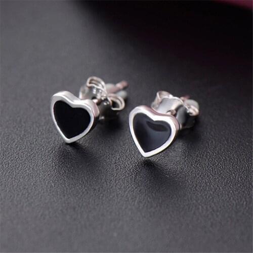 925 Sterling Silver Black Enamel Heart Stud Earrings For Women Wedding Female pendientes mujer moda aretes de mujer eh1448