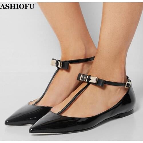 ASHIOFU New Hot Sale Handmade Ladies Flat Shoes T-strap Ballets Party Prom Shoes Plus Size Evening Fashion Flats Shoes KL047