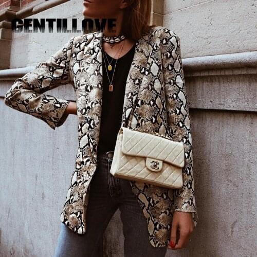 Snake Print Women Blazer Autumn Office Lady Jacket Coat Suit England Style Pockets Notched Collar Long Sleeve Female Outwear