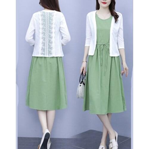 Summer 2021 Fashion New Mid-length Womens Casual Cardigan Jacket + Linen Dress Two-piece Suit Trendy H065