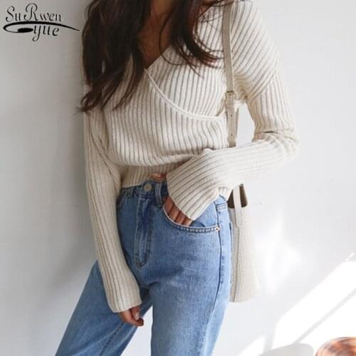 V-neck Thicken Casual Pullover Stripe Knitted Sweaters 2021 Autumn and Winter Women Sweater Korean Cross-Shoulder Sweater 10527