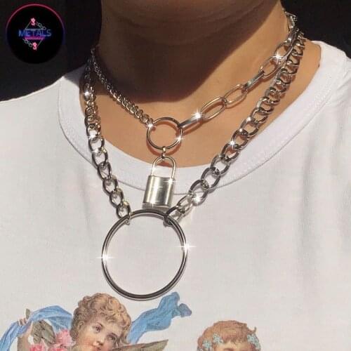 Lacteo Dark Gothic Big Lock Pendant Necklace Punk Hip Hop Three Style Choker Necklace Jewelry for Men and Women Gift