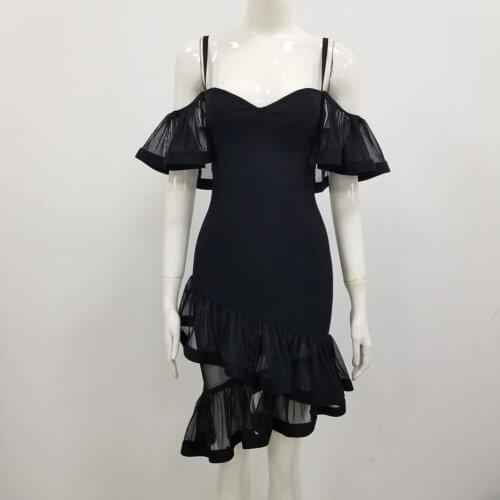 2021 Women Ruffles Sexy V-Neck Black Slim Bandage Dress Party Evening Mini Mesh Sleeveless Bodycon Celebrity Vestidos Wholesale