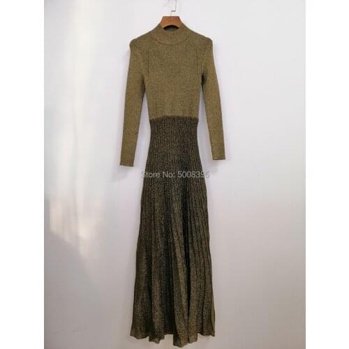 Woman Gold copper METALLIC THREAD Knitted Midi Dress High NECK Elastic Fashion dress Long sleeves Pleated Hem