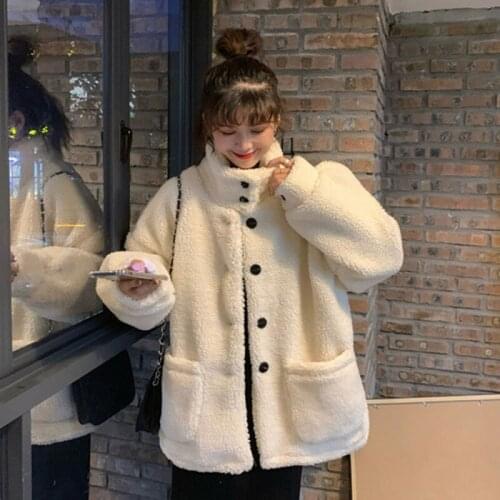 2021Korean Fashion Thick Wool Cashmere Coat Wool Fur Coat Stand-Up Collar Mori Female Lamb Wool Coat Female Winter College Styl