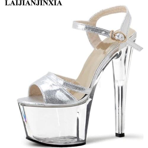 LAIJIANJINXIA Club for womens shoes Super high heels heel sandals female waterproof transparent crystal steel pipe shoes