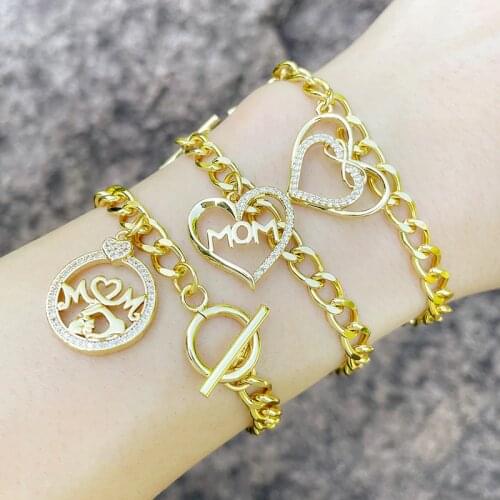 FLOLA Heart Mom Charm Bracelets For Women Gold Curb Link Chain Star Planet Bracelet Bangle CZ Jewelry Mothers Day Gift brtc99
