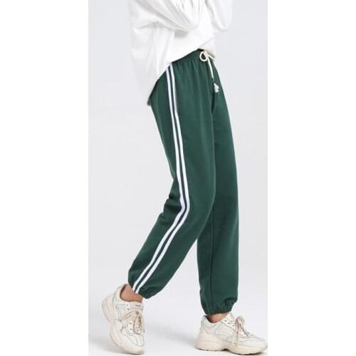 Obrix Sporty Loose Casual Style Female Pants Mid Elastic Waist Drawsrting Tassel Side Stripes Embroidery Dancing Pants For Women
