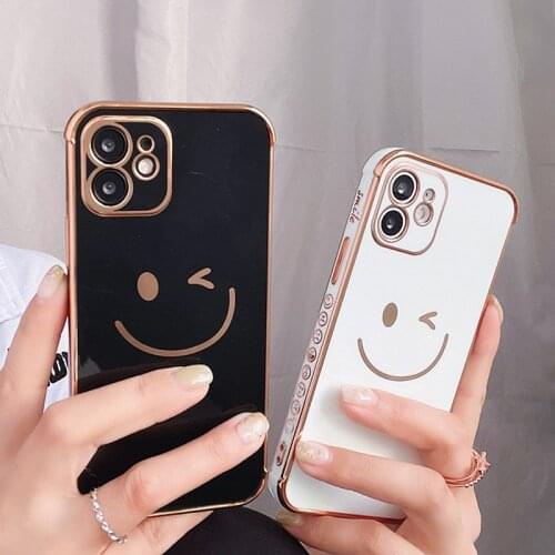 Phone Case For iPhone 12 Mini 11 Pro X XR XS Max 7 8 Plus SE 2 Luxury Cute Side Pattern Electroplated Smile Face Soft TPU Case