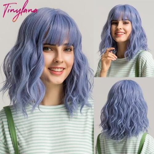 TINY LANA Blue/Black Brown short bob Style Wavy Synthetic Wigs with Bangs Cosplay Lolita Wigs for Black women African American