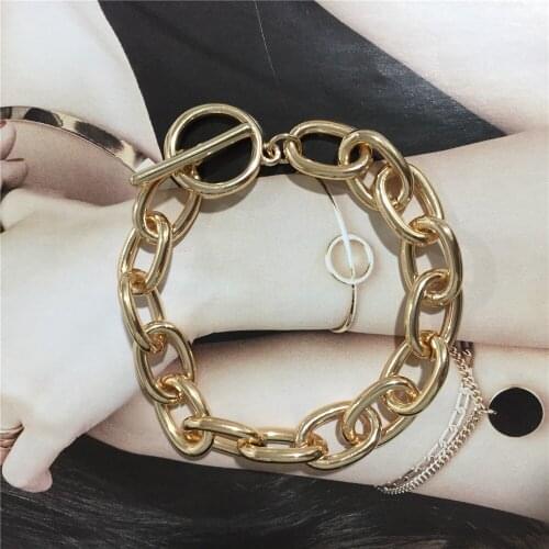 Chunky Gold Color Plating Chain Bracelet with T/O bar Enclosure For Women Girl Trendy Accessary Jewelry