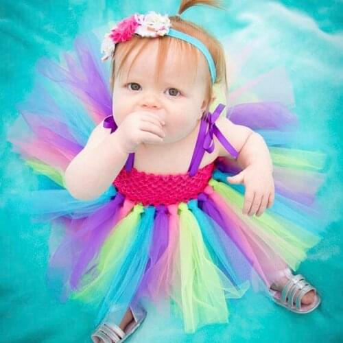 Cute Baby Girls Rainbow Tutu Dress Infant 1Layer Tulle Straps Dress with Flower Hairbow Newborn Birthday Party Costume Dresses
