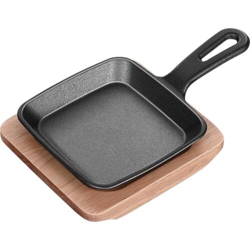Mini Korean style barbecue cast iron pan non stick household commercial sizzling steak pot BBQ roasting meat wooden tray set