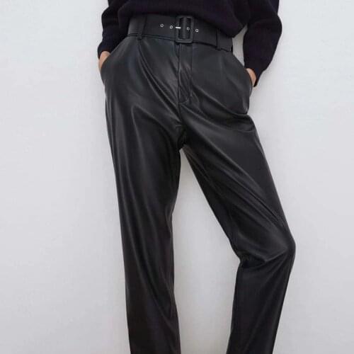 Obrix Trendy Faux Leather Straight Female Pants High Waist Ankle Length Belt Pockets Pants For Women