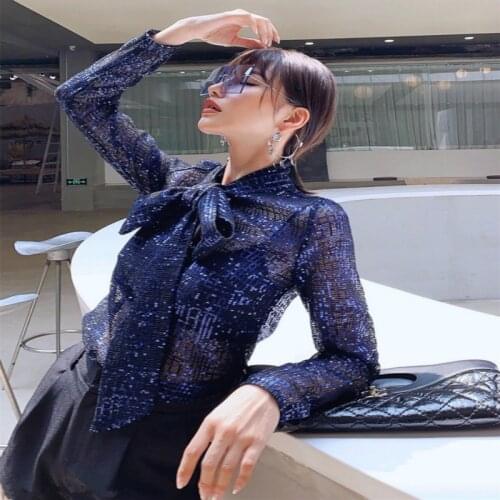 New design womens luxury shinny bling dark blue color paillette sequined long sleeve lacing bow collar blouse shirt
