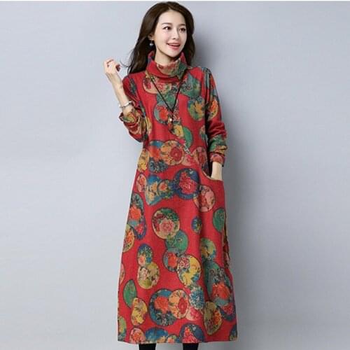 Autumn winter women cotton linen dress loose print flowers long female new dress Turtleneck long sleeve Vintage warm robe QH1309
