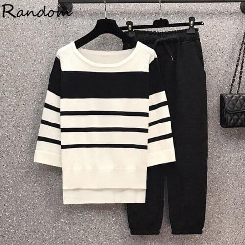 Plus Size L-4XL Women Sports Suit Stripe Knit Sweater Top And Pant Two Piece Tracksuit Matching Set 2021 New Cloth Run Outfit