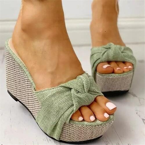 2021 Summer New Women One Word Bow Sandals Indoor Outdoor Slippers Open Toe Beach Shoes Female Fashion Slope Heel Flip-Flops