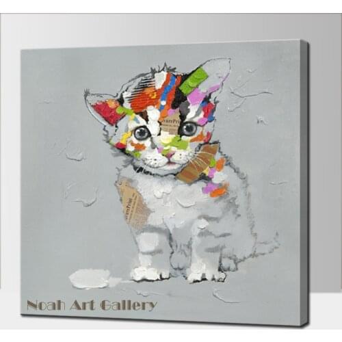 Modern Abstract Cartoon Animal Oil Painting Cat On Canvas Handmade Canvas Wall Art Artwork Cat for Kids Room Decorative Unframed