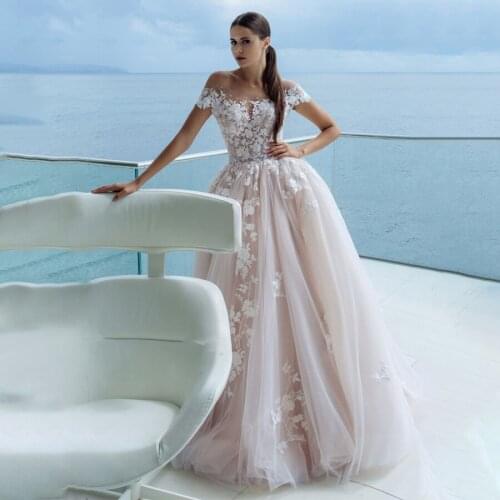 Off the Shoulder Short Sleeves Champagne A-line Beach Wedding Dress with Lace Applique sukienka na wesele Bridal Gowns