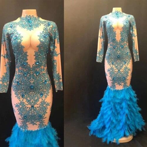 Sparkly Crystals See Through Mesh Long Trains Feather Dress Birthday Celebrate Stones Blue Long Dress Club Costume Dance Outfit