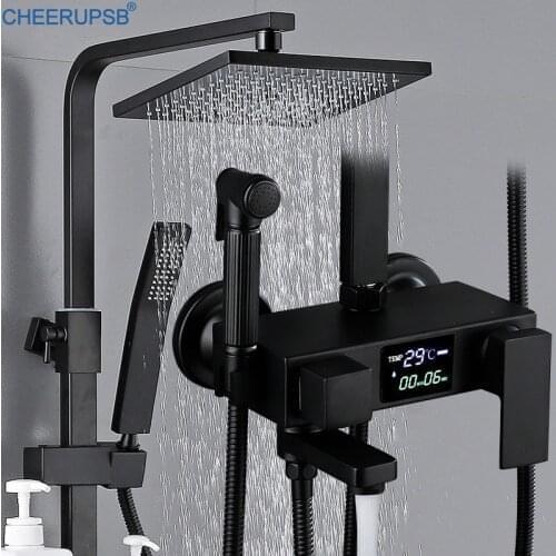 Thermostatic Shower Set Bathroom Digital Display Bath Faucet Hot and Cold Mixer Wall Mount Shower System Black Rainfall Taps