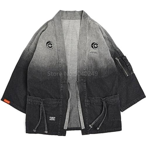 Japanese Kimono Cardigan Men Haori Embroidery Yukata Male Samurai Costume Gradient Denim Jackets Coats Adults Boy Cowboy Shirt