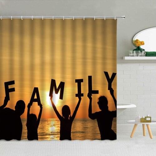Sunset Dusk Seaside Scenery Shower Curtains Happy Family Vacation Mothers Day Decoration Waterproof Fabric Hooks Curtain Set