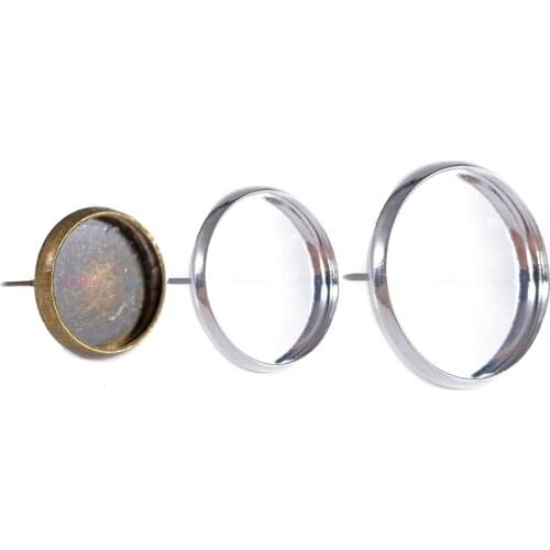 50pcs Fit 8-18mm 12mm Glass Cabochon Cameo Silver Plated Bezel DIY Stud Backs Blank earring posts Setting Base Earring Findings