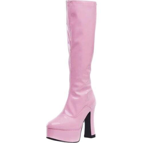 Jialuowei Knee-high Boots 12CM High Block Heel & Platform Zip Sexy Women Classic Party Boots Big Size 36-46
