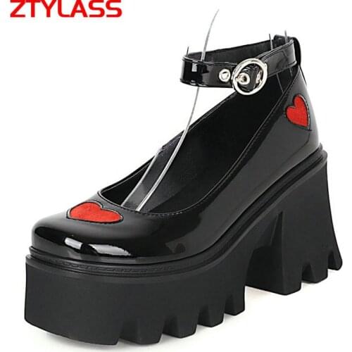 2021 New Summer Women Punk Pumps Patent Leather Thick High Heel Platform Shoes Fashion Ankle Strap Heart Print Dress Lady Shoes