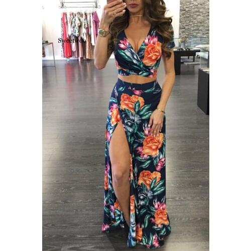 2020 Elegant Women Summer Long Skirt Set Bohemian Style Sexy Hollow Out Crop Top Skirts Floral Print V-Neck Women Beach Dress