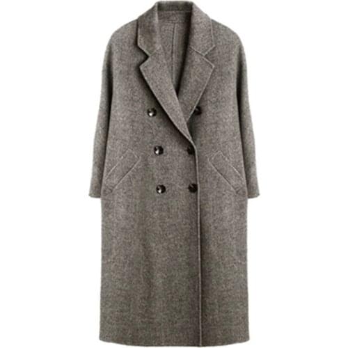 Hand made wool blend tailored collar knit women vintage double breasted long cardigan sweater solid color S-L