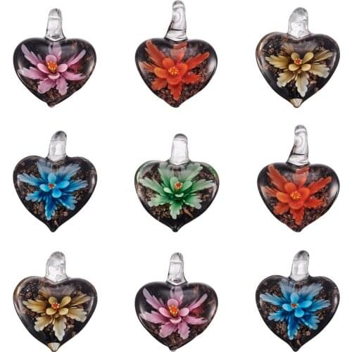 10 pcs Heart Shape Handmade Lampwork Glass Pendants Inner Flower with Gold Sand Murano Glass Charms for Necklace Jewelry Making