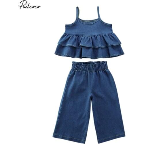 2020 Summer Toddler Baby Girl Denim Clothes 1-6Y Casual Ruffle Vest Top Mini Dress+ Wide Leg Pants Outfits 2pcs Set For Children