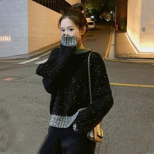 2020 New Autumn Winter Korean fashion Temperament Pullover Loose Sweater Female Hit Color All-match Lazy Turtleneck Sweater A059