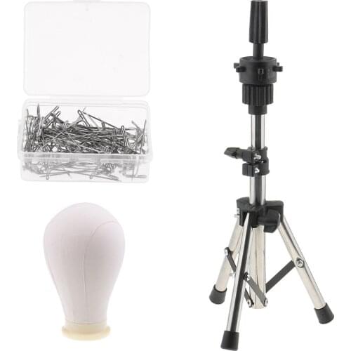 24'' Adjustable Tripod Wig Stand Cork Canvas Block Head Mannequin Head with Metal for Wigs Making with 100pcs 38MM T Pins
