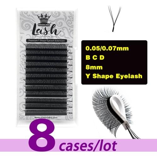 8 Cases/Lot Hot Sale YY Style Y Shape Premium Mink Soft Faux Lashes Eyelash Extensions Trays All Size Cilios for Beaty Makeup