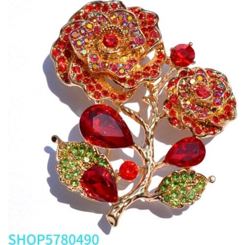 Big Brooches for Women Elegant Rose Pins Red Color Rhinestone Brooch Girls Garments Coat Decoration Lady Gifts Fashion Jewelry