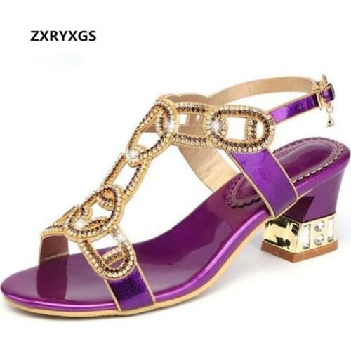 ZXRYXGS Brand Sandals New 2019 Summer Open Toe Rhinestone Shoes Woman Sandals with Heel Purple Gold Fashion Sandals Women Shoes