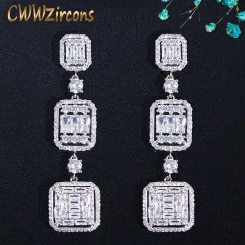 CWWZircons Very Shiny Square White Cubic Zirconia Topaz Silver Long Dangle Drop Engagement Party Earring Jewelry for Women CZ710