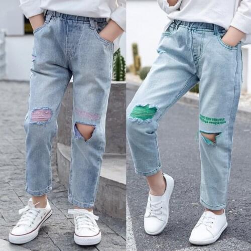 2021 Spring Autumn Girls Ripped Jeans Fashion Children Broken Hole Denim Trousers Teen Kids Elastic Waist Loose Casual Pants