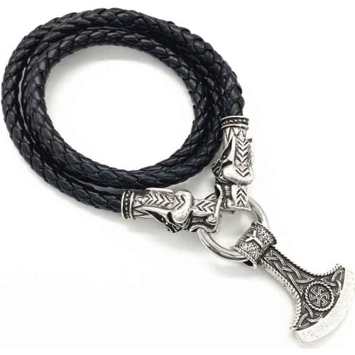 Nostalgia Kolovrat Symbol Slavic Perun Axe Pendant AlGIZ Rune Viking Dragon Heads Leather Chain Necklace Collier Sautoir Long