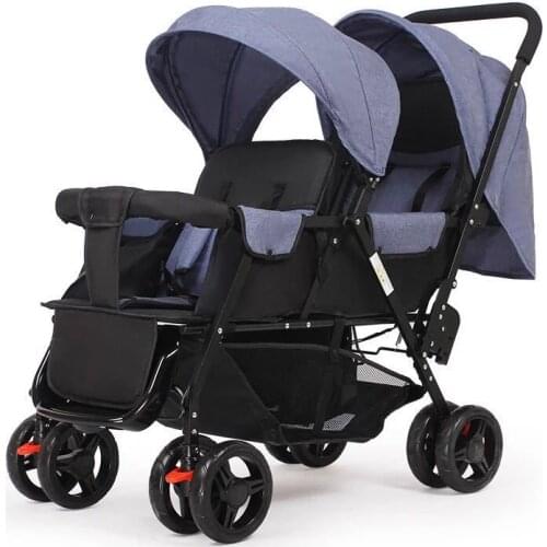 Twin strollers sit back and forth and can lie flat. Light folding double stroller. Second child era